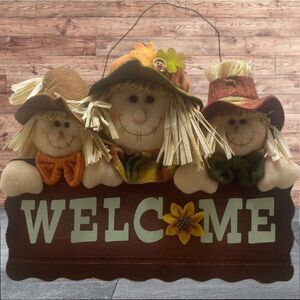 Fall Harvest Scarecrow Welcome Sign Rustic Farmhouse Autumn Thanksgiving Door De